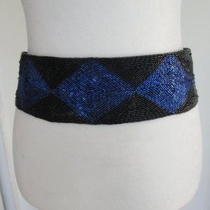 Women Wide Belt Beads Leather Retro High Waist Belt XS by Marchant Blue Black
